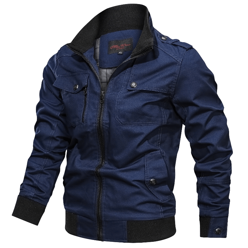 Men's casual bomber jacket in navy blue, featuring military style, pockets, and stylish modern cut.