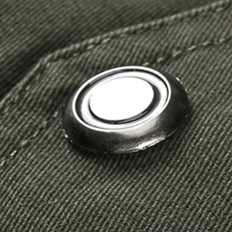 Close-up of the sturdy button on a men's army cotton bomber jacket showcasing its military design details.