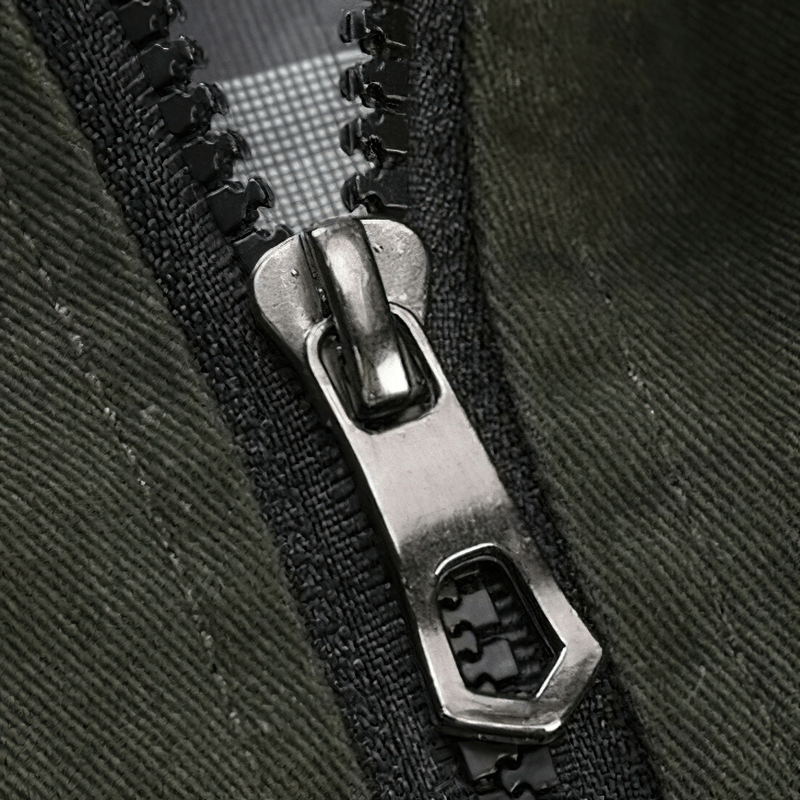 Close-up of the zipper on a men's army cotton bomber jacket, showcasing quality detail and style.