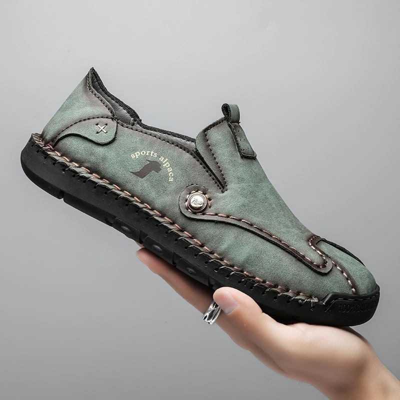 Stylish green PU leather loafers for men, perfect casual footwear with flexible soles for comfort.
