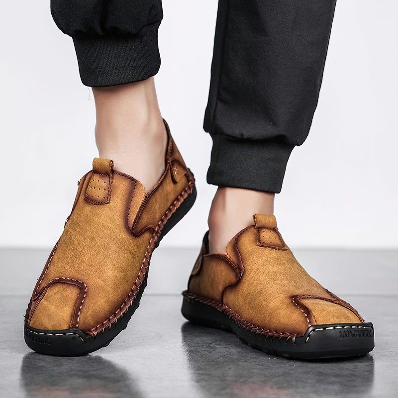 Stylish men's PU leather loafers in brown, perfect for casual outfits with flexible soles for comfort.