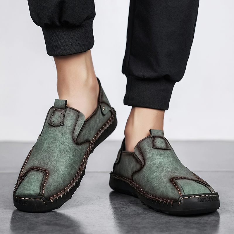 Stylish green PU leather loafers for men, showcasing comfort and casual elegance, perfect for versatile outfits.