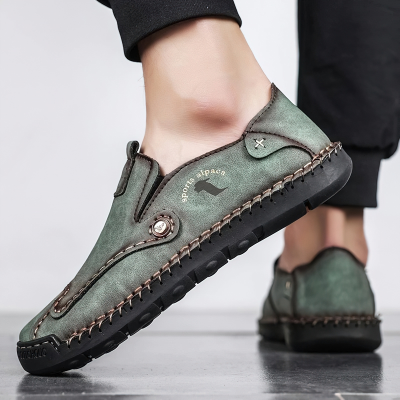 Stylish green PU leather loafers for men with flexible soles, perfect for casual outfits and comfortable wear.