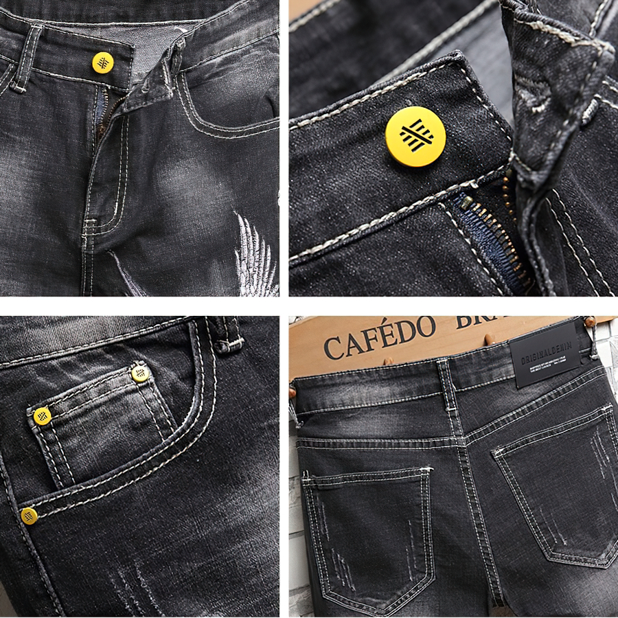 Close-up of men's black embroidery denim shorts featuring stylish yellow buttons and detailed stitching.