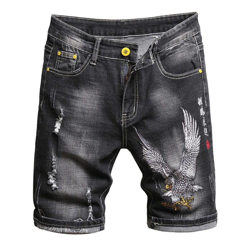 casual embroidery denim shorts for men cool knee length jeans shorts 004 73508a4e aca4 4acf 84a4 03ceaf572f9c