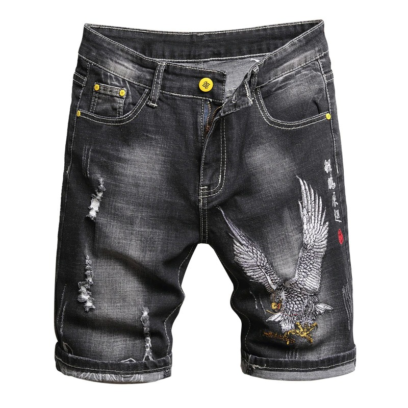 Men's black embroidery denim shorts featuring an eagle design, perfect for casual summer outfits.
