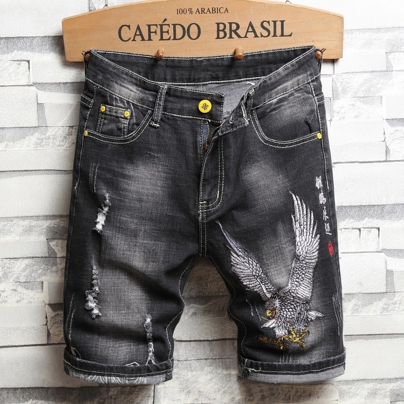 Men's black embroidery denim shorts with eagle design, perfect for casual summer style and knee-length fashion.
