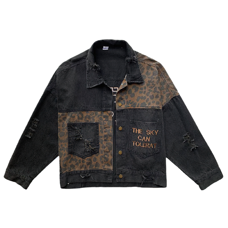 Casual black denim jacket for women with leopard embroidery and stylish patch pockets.