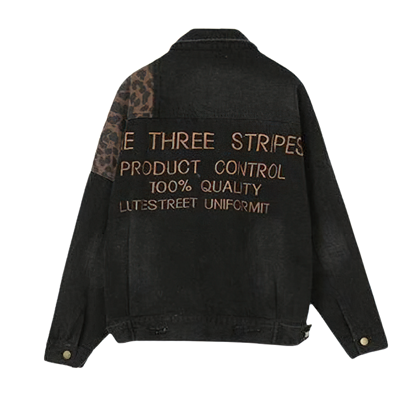 Casual female denim jacket with leopard embroidery, stylish design and free cut, perfect for everyday wear.