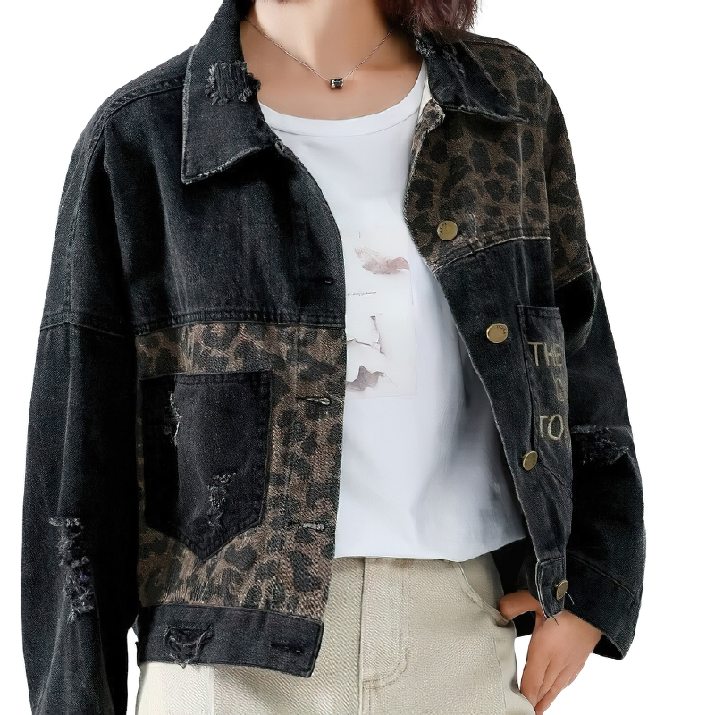 Casual black denim jacket with leopard embroidery, perfect for modern women's everyday style.