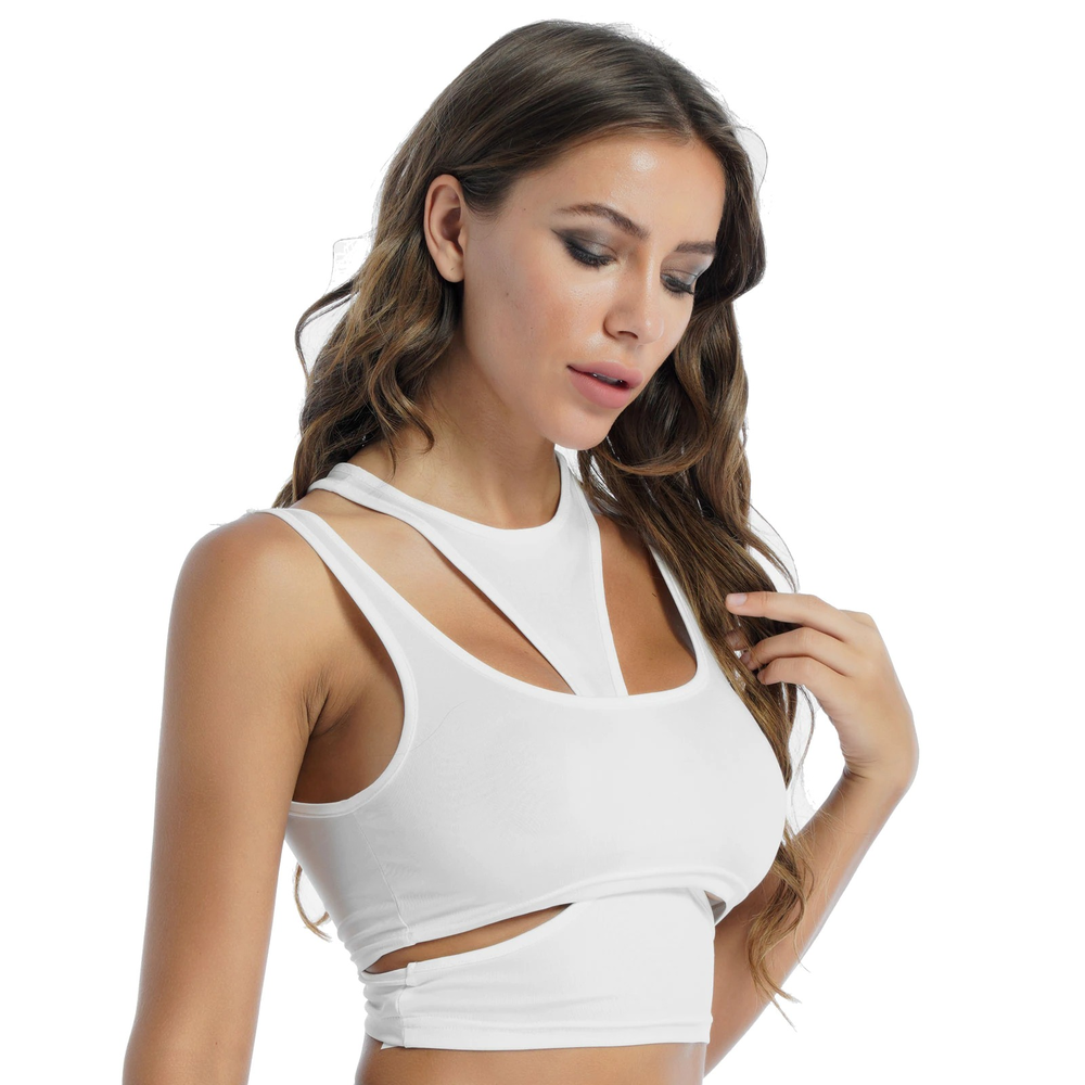 Women’s white sleeveless hollow out tank top, perfect for casual fitness and stylish workouts.