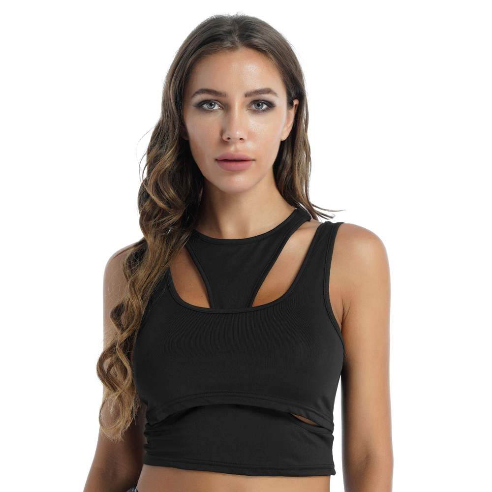 Women's black hollow out sleeveless fitness tank top, perfect for casual activities and stylish workouts.