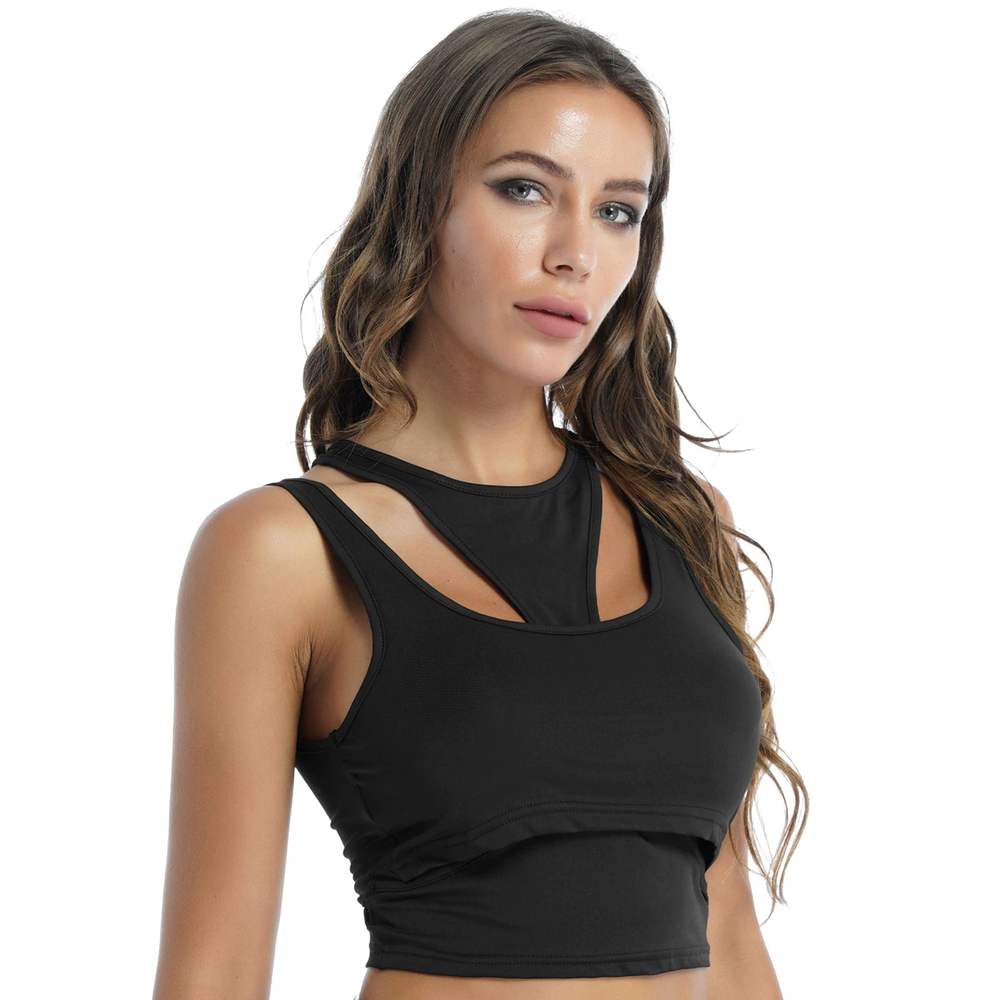 Women's black sleeveless hollow out fitness tank top, perfect for casual workouts and stylish active wear.
