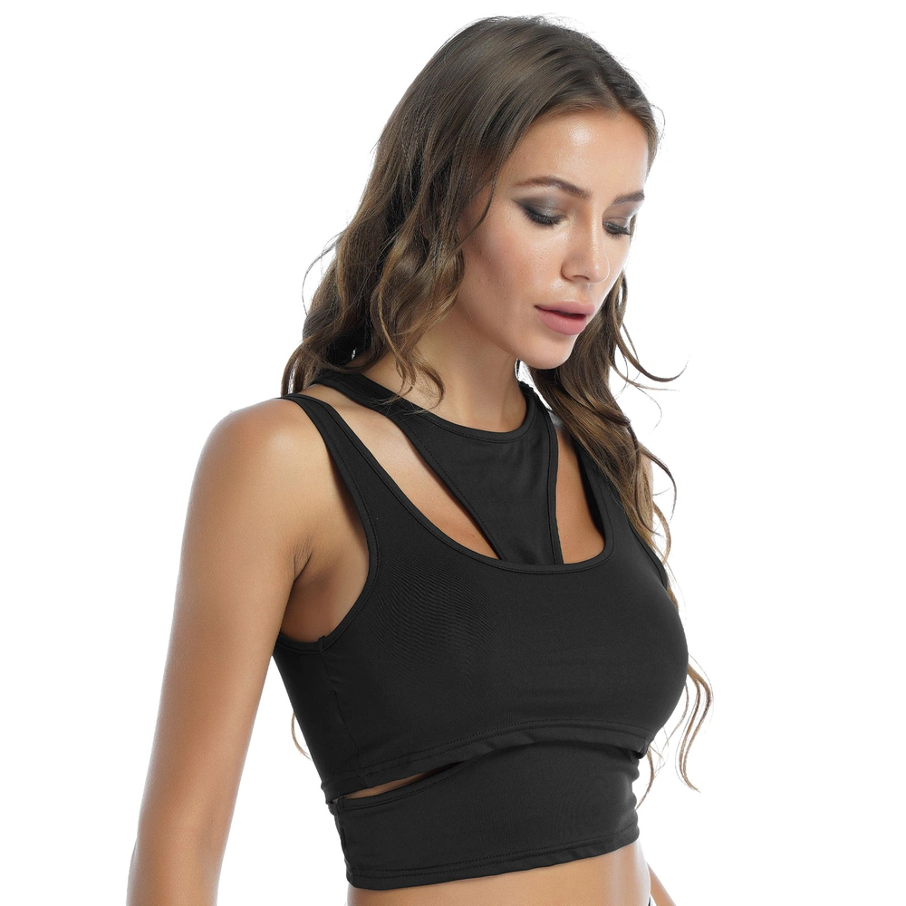 Women's black sleeveless hollow out fashion top, perfect for casual fitness and stylish workouts.