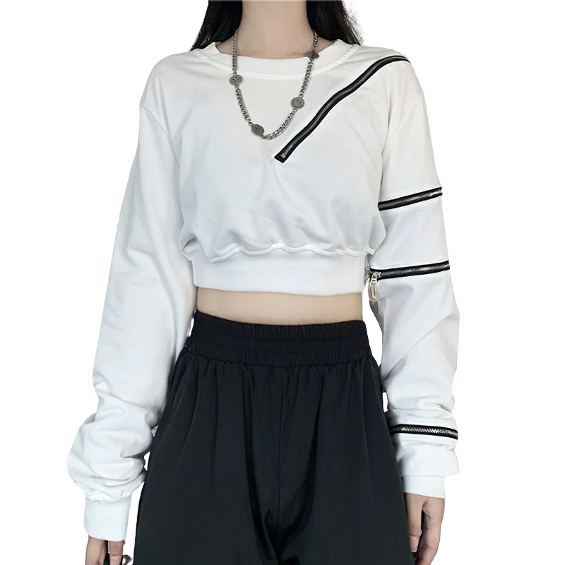 Casual Goth Crop Top For Women / Female Fashion Sweatshirt Of Zipper / Stylish Streetwear - HARD'N'HEAVY