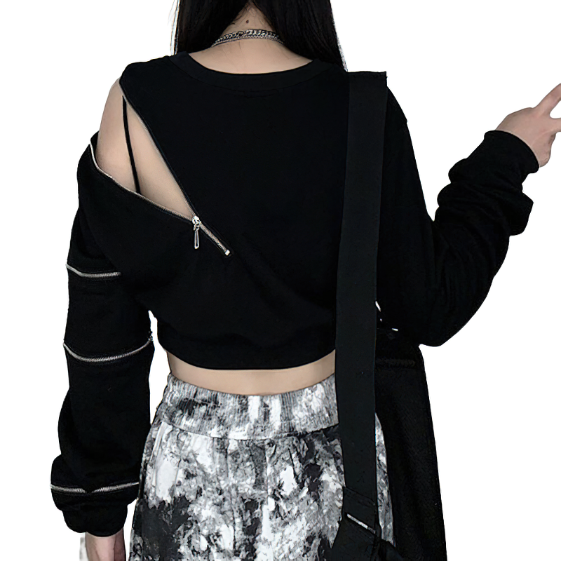 Casual Goth Crop Top For Women / Female Fashion Sweatshirt Of Zipper / Stylish Streetwear - HARD'N'HEAVY