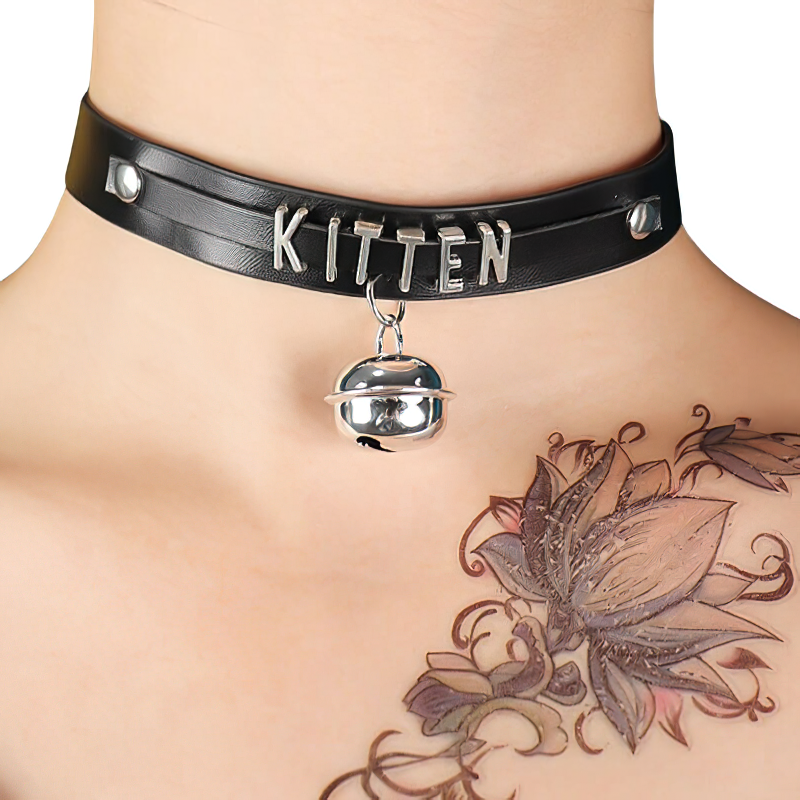 Casual Gothic Neckwear For Women / Vintage Leather Choker With Bell And Inscriptions - HARD'N'HEAVY