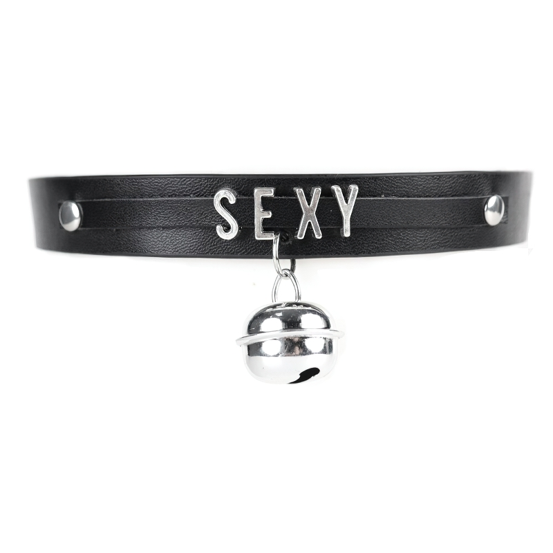Casual Gothic Neckwear For Women / Vintage Leather Choker With Bell And Inscriptions - HARD'N'HEAVY