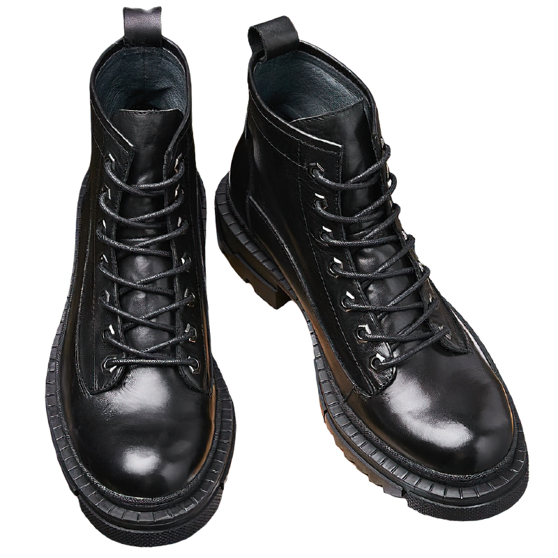 Stylish black high boots for men made of genuine leather with thick heel and lace-up design.