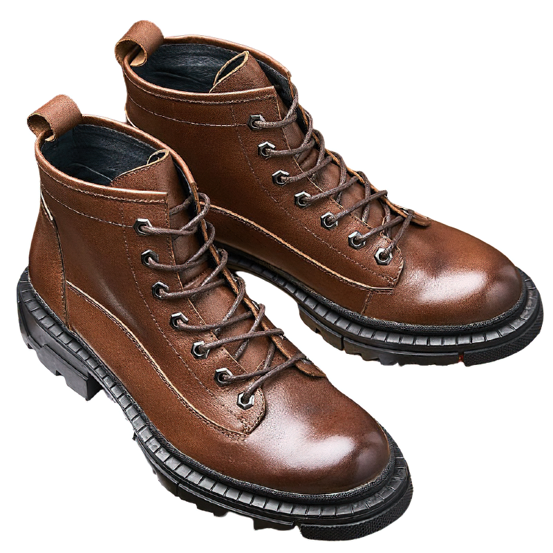 Stylish brown high boots for men made of genuine leather with laces and thick heel for a modern casual look.