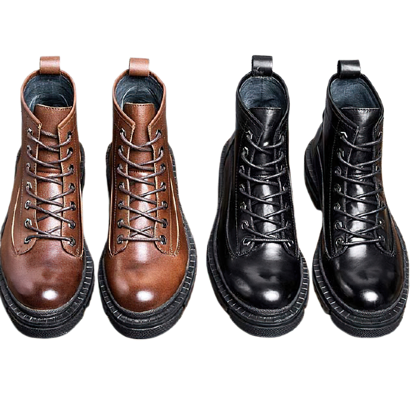 Casual high boots for men in brown and black genuine leather with thick heels and laces. Stylish and modern footwear.