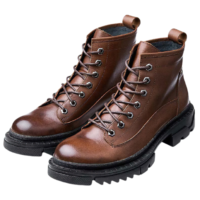 Stylish men's casual high boots made of genuine leather with laces and thick heel in brown color.