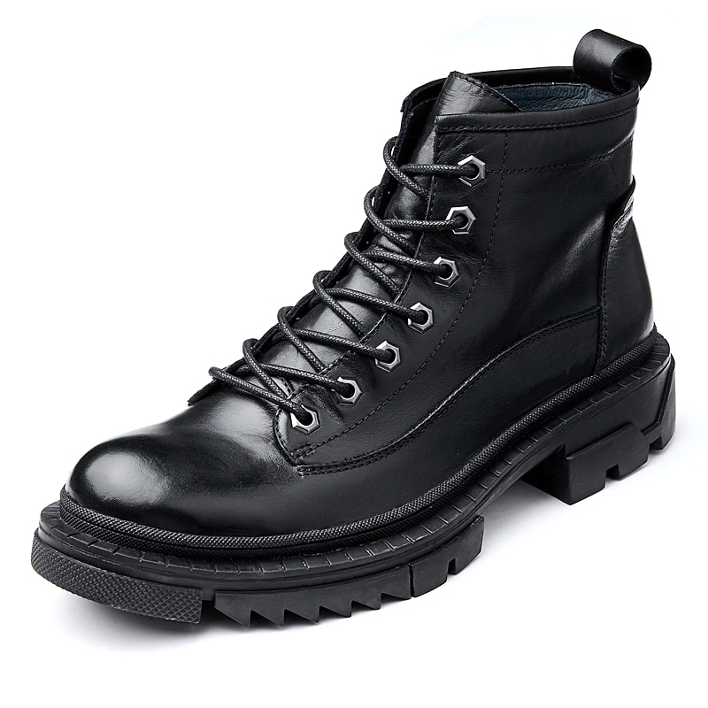 Men's casual high boots made of genuine leather with thick heels and stylish laces in black.