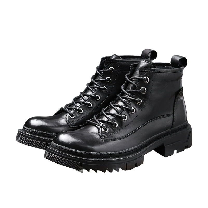 Men's casual high boots in black genuine leather with thick heels and stylish laces for modern fashion.