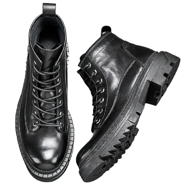 Men's casual high boots in genuine leather, black color, featuring thick heel and stylish design for modern footwear.