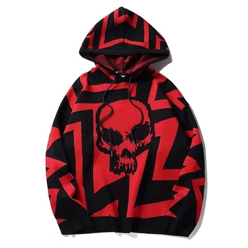 Casual oversized hoodie with red skull print and zigzag design, perfect for trendy streetwear.