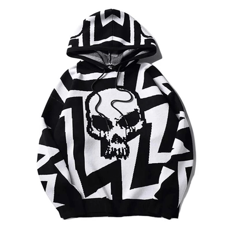 Casual oversized men's hoodie featuring a striking black and white skull print and zigzag pattern, perfect for trendy outfits.