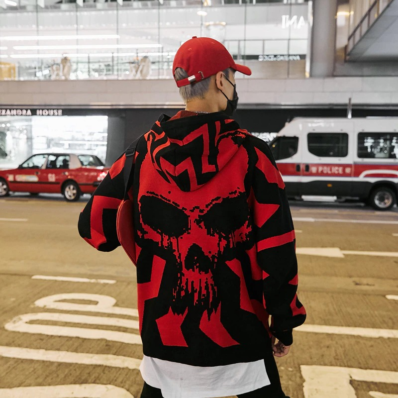 Casual oversized men's hoodie with bold red skull print, perfect for trendy street style.