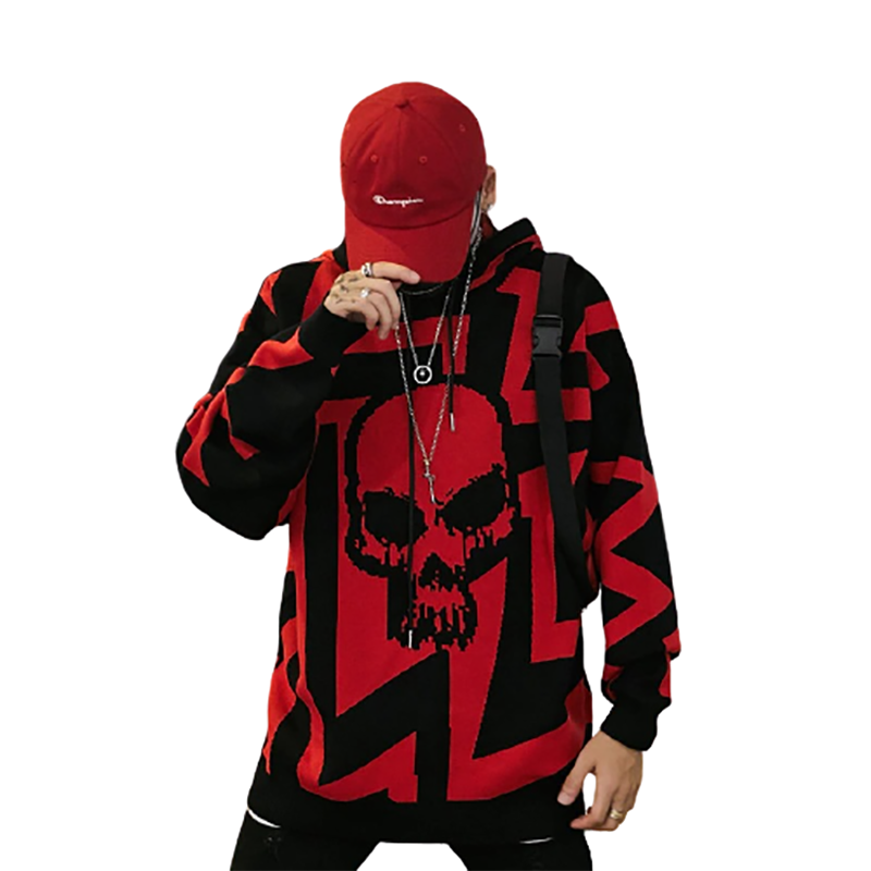 Casual men's oversized hoodie featuring a vibrant skull print in red and black, perfect for stylish casual wear.