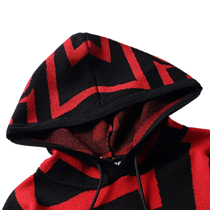 Casual black and red hoodie with unique pattern and drawstring, perfect for trendy outfits.