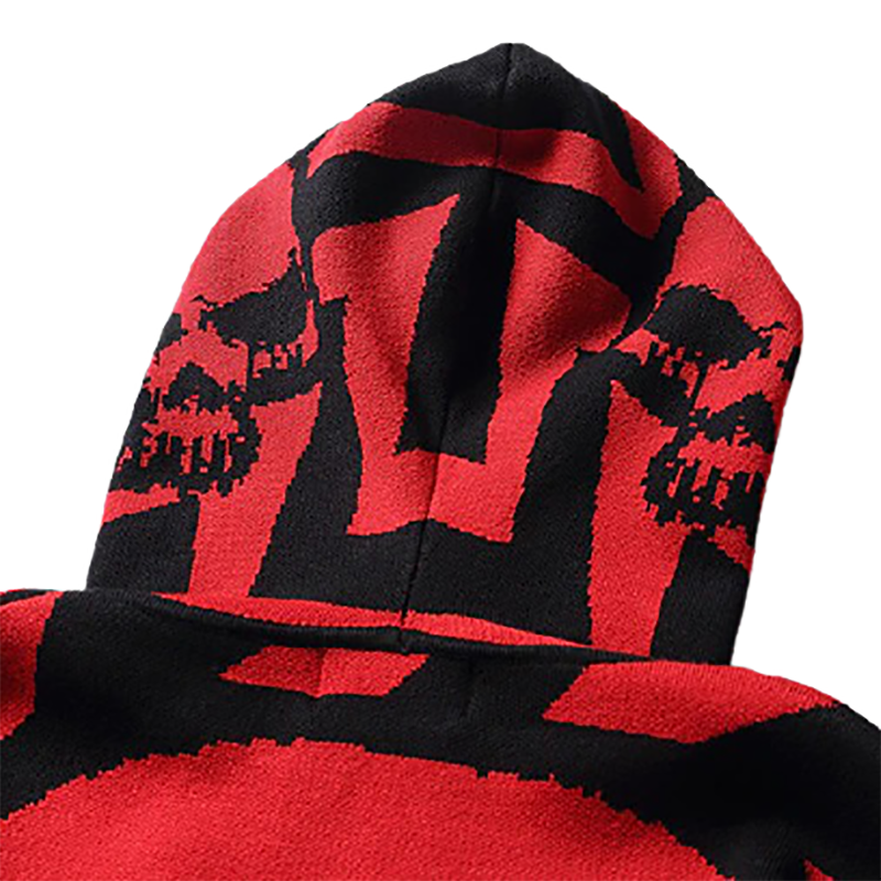 Back view of oversized casual men's hoodie with bold red skull print, perfect for trendy street style.