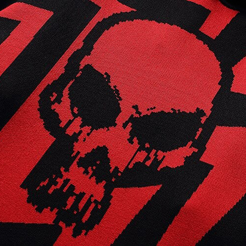 Close-up of a vibrant red skull print on a casual hoodie, showcasing trendy oversized style for men.