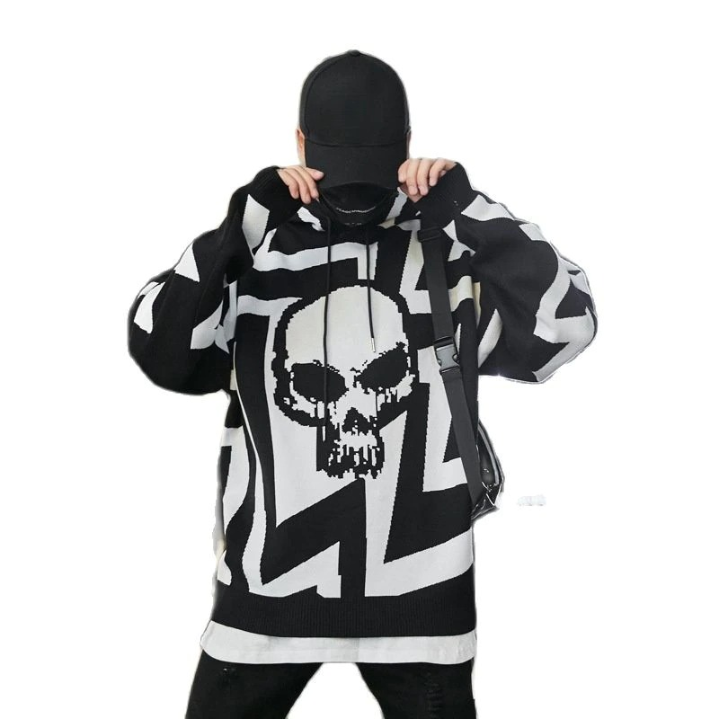Casual Knitting Hoody with Skull Print / Vintage Men's Oversize Sweatshirt - HARD'N'HEAVY