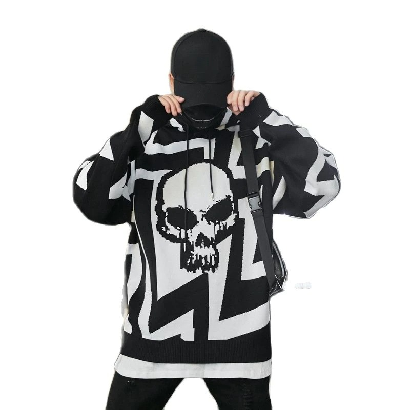 Casual oversized hoodie with bold skull print and geometric design, perfect for trendy men's streetwear.