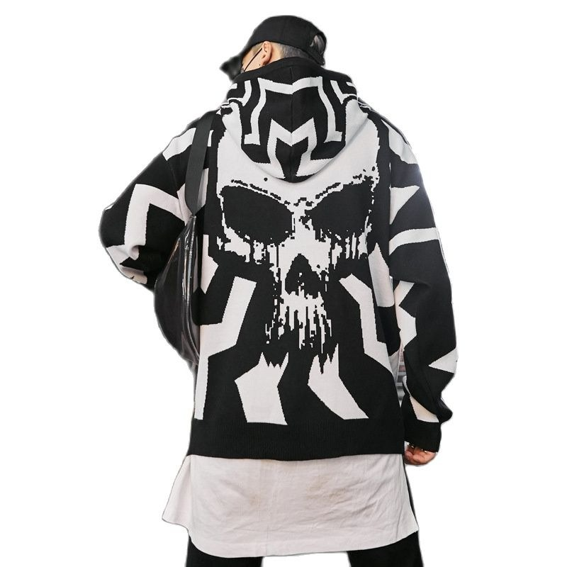 Oversized black and white hoodie with eye-catching skull print, perfect for casual trendy style.
