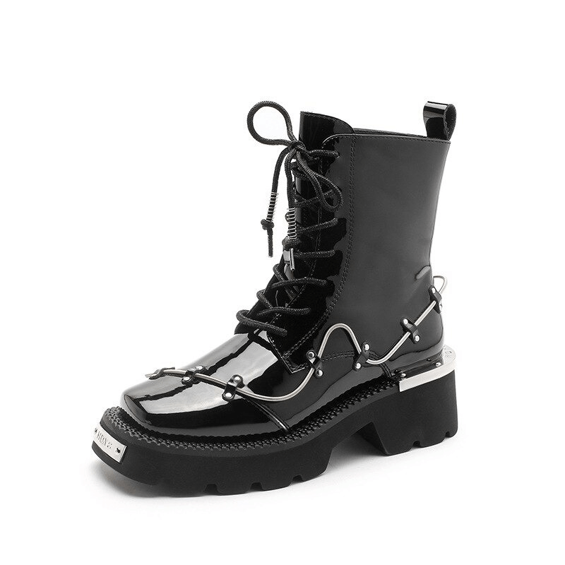 Casual lace-up glossy black Martin boots with square toe, stylish ankle design for women.