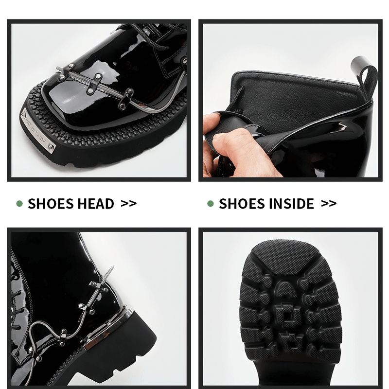 Close-up of women's glossy Martin boots showcasing detailed design, lace-up feature, and textured sole for height and comfort.