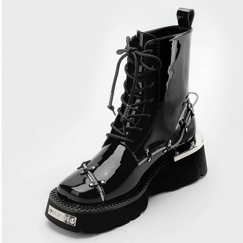 Glossy black lace-up Martin boots with square toe and chunky heel, perfect for casual and stylish outfits.
