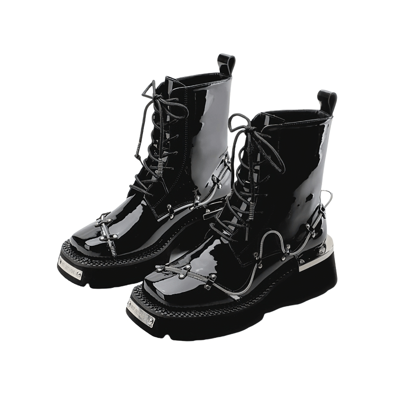 Trendy women's lace-up glossy Martin boots with square toe design, perfect for casual and stylish outfits.
