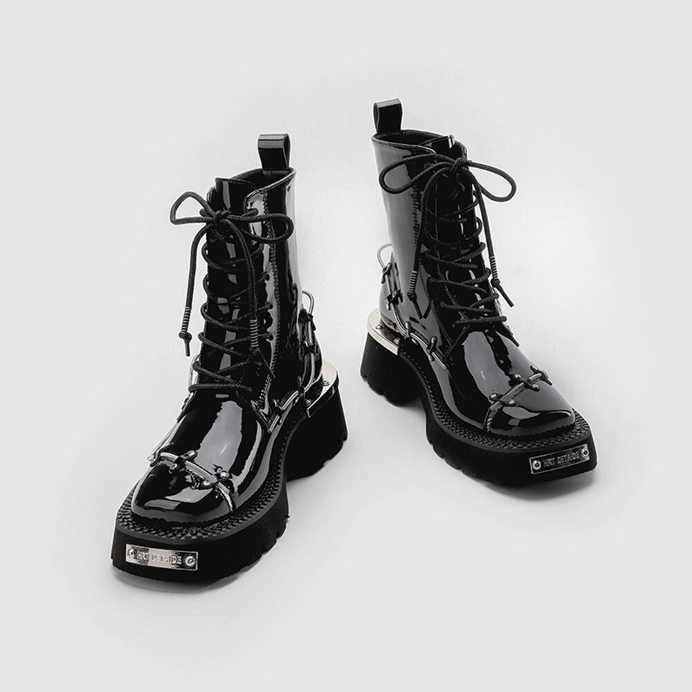 Trendy women's glossy lace-up Martin boots with square toe, perfect for casual outfits and adding height.