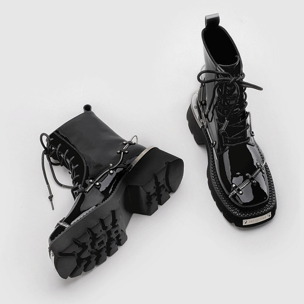 Stylish women's glossy black lace-up Martin boots with square toe and chunky sole for casual fashion.