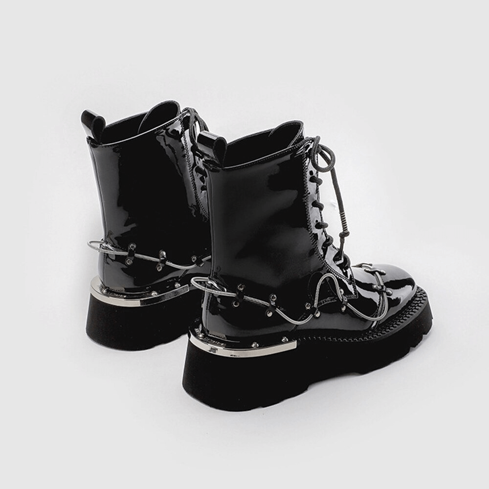 Glossy black women's lace-up ankle boots with stylish square toe and chunky heel, perfect for trendy casual outfits.