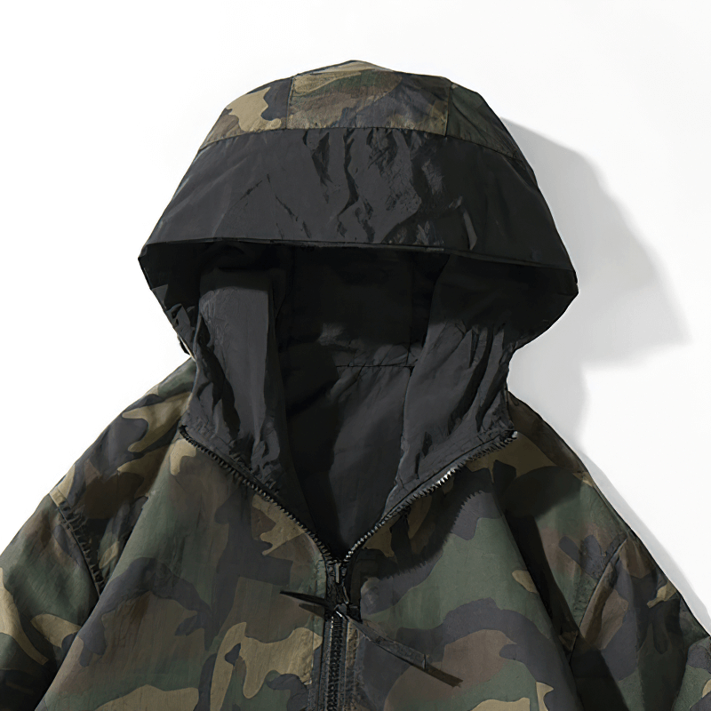 Stylish men's camouflage hoodie with a black hood, featuring modern design and casual style perfect for all occasions.