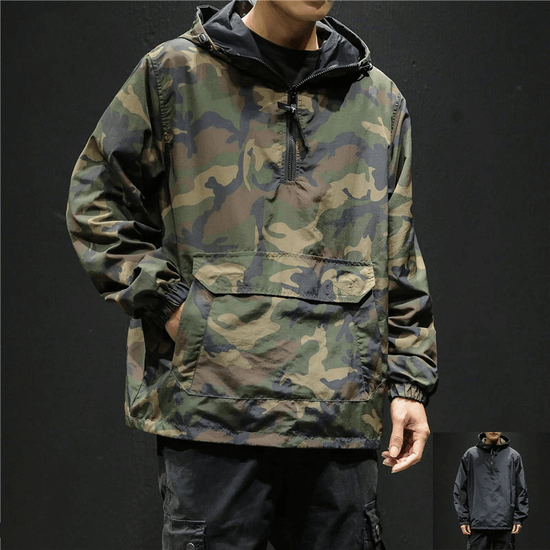 Casual loose men's hoodie with camouflage pattern, featuring a front pocket and adjustable hood for stylish comfort.