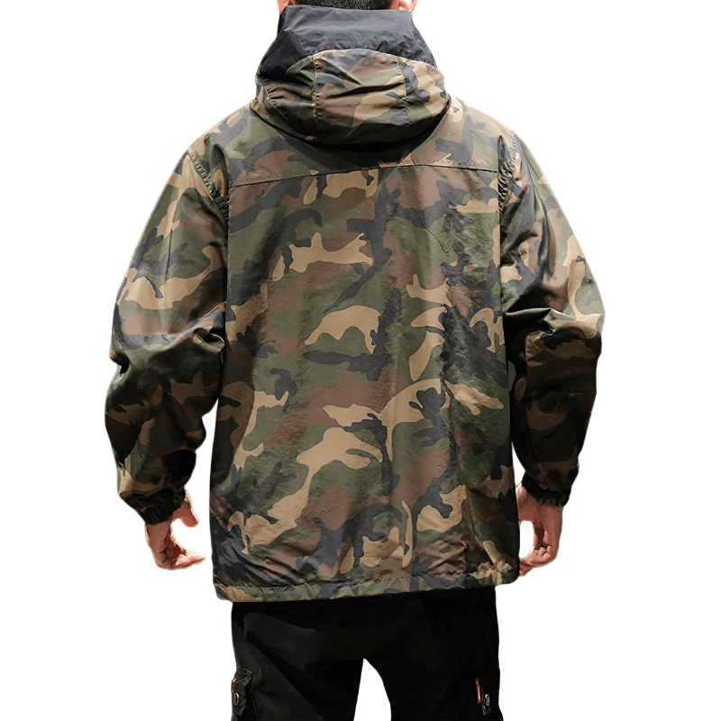 Men's camo hoodie jacket showcasing a stylish loose fit and modern design from the back view.