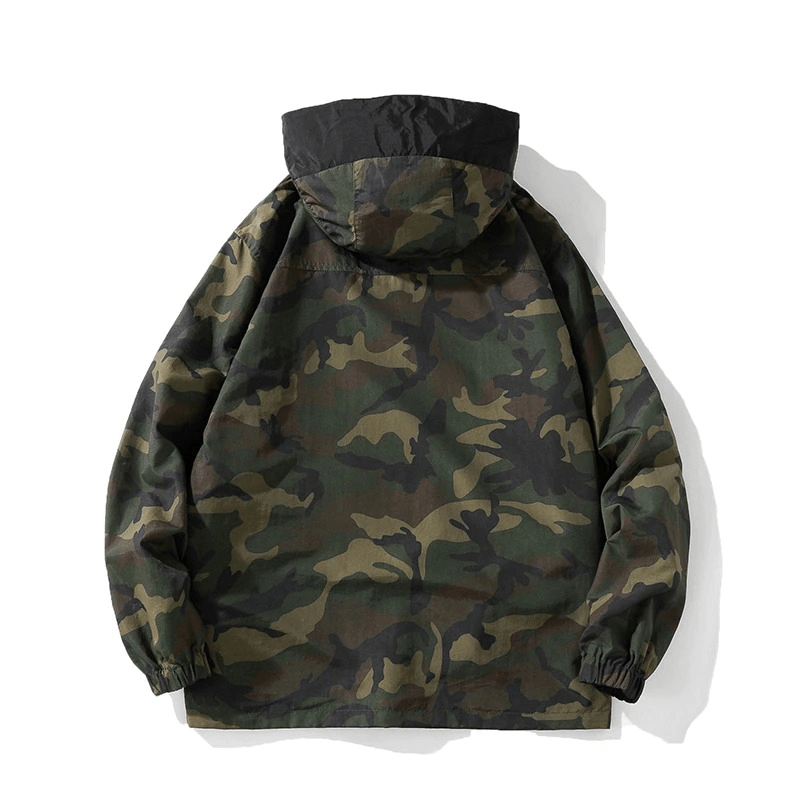 Back view of a stylish camo hooded jacket, perfect for casual outings and versatile layering.